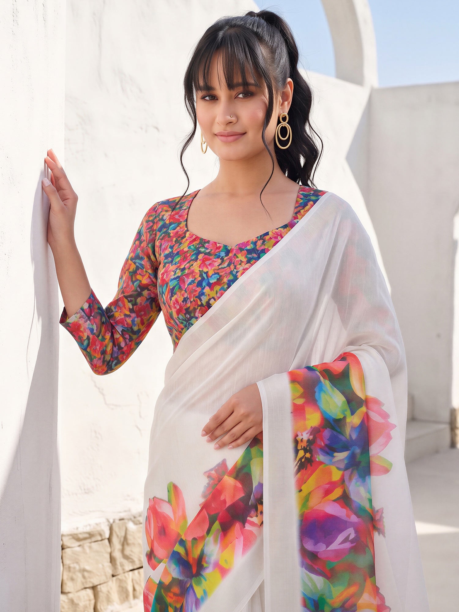 White Cotton Linen saree – detail view 4