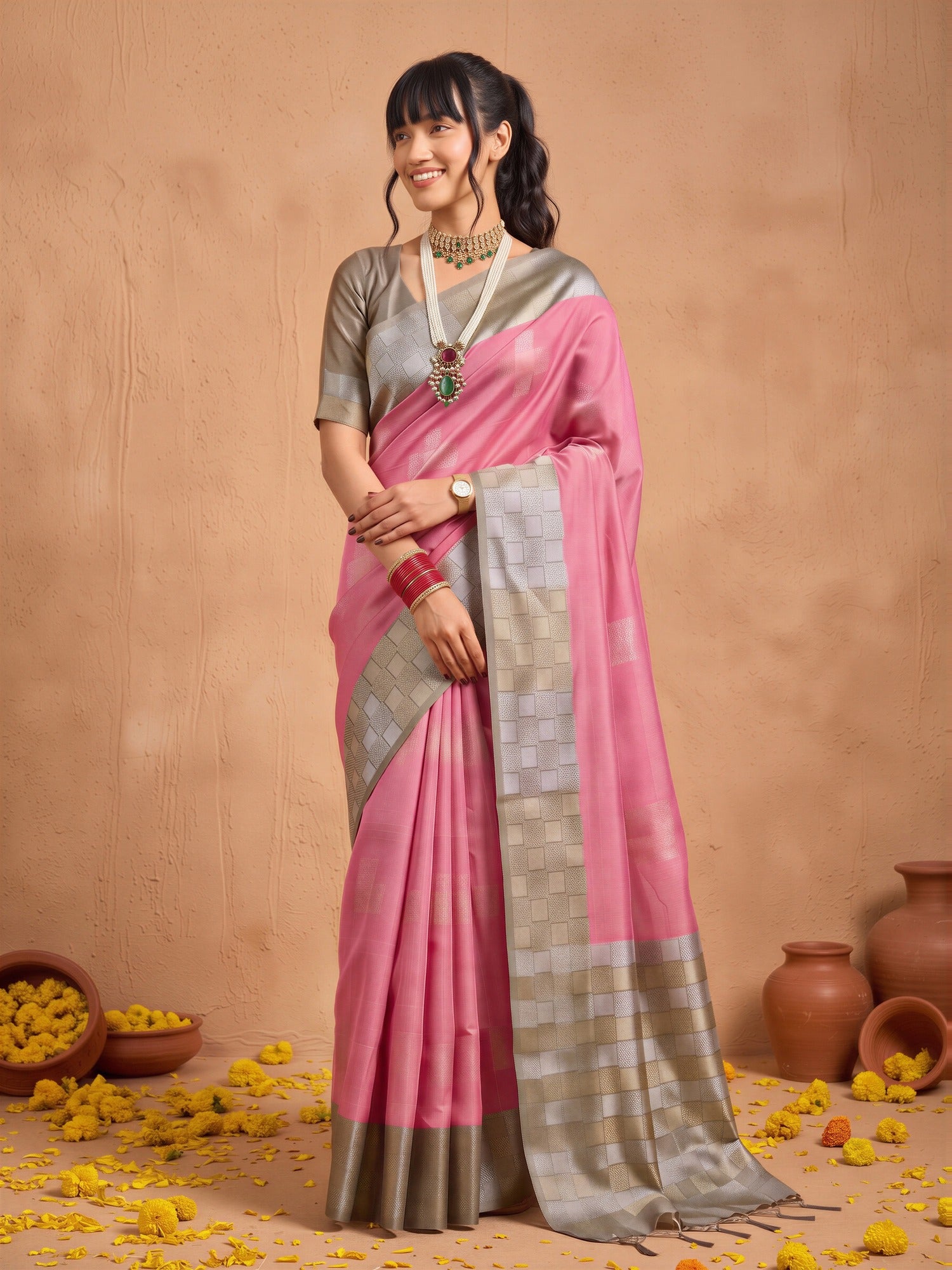 Pink Cotton Blend saree – detail view 2