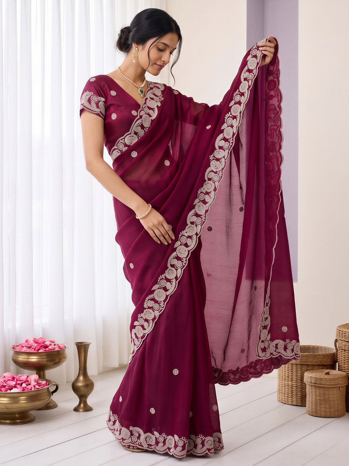 Burgundy Satin saree – detail view 3
