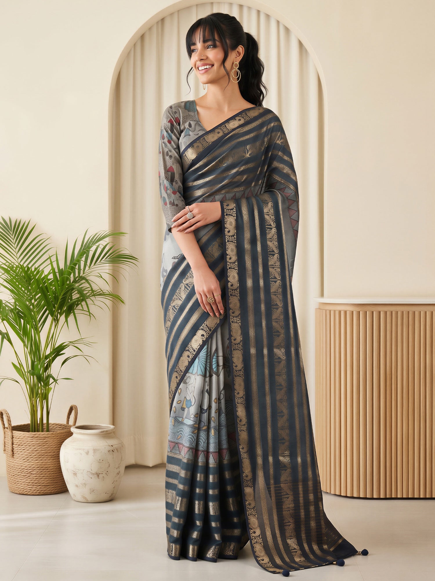 Dark Blue Viscose Silk saree – detail view 3