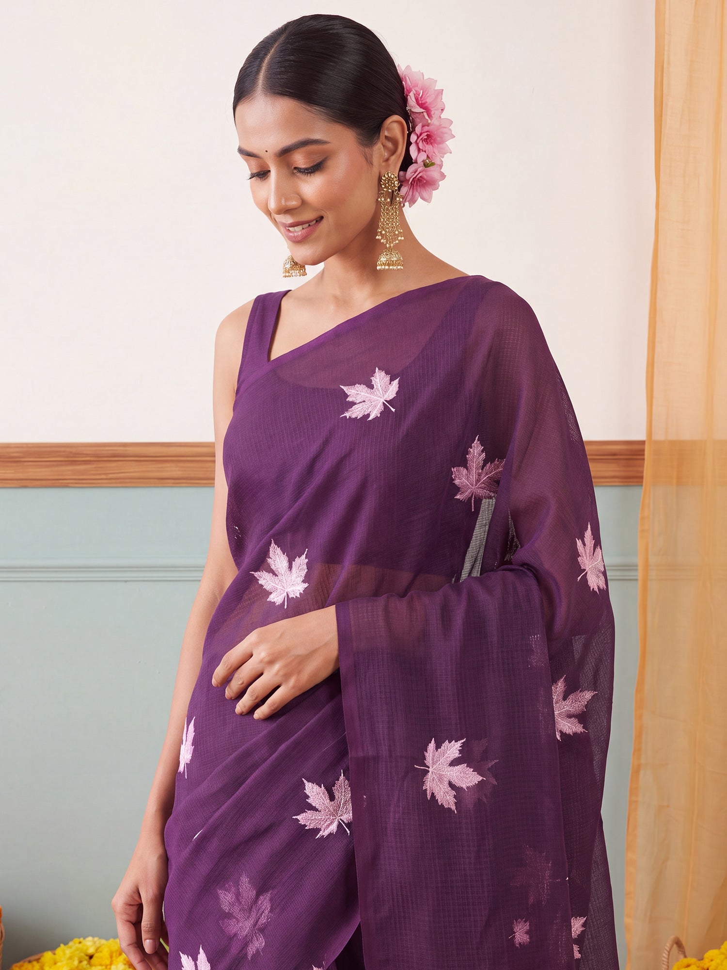 Wine Kota Doria Cotton saree – detail view 4