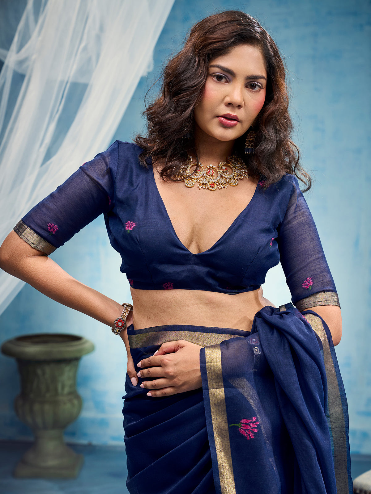 Unstitched blue muga cotton blouse piece with woven design design
