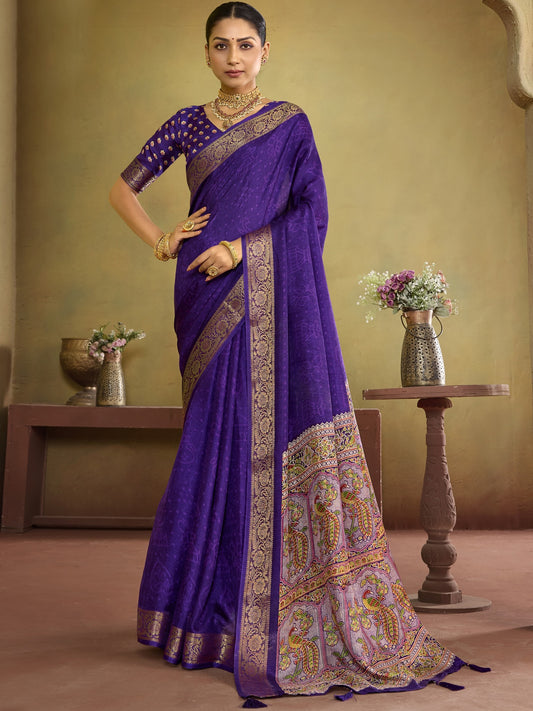 Purple ethnic motif tussar silk saree with purple blouse piece