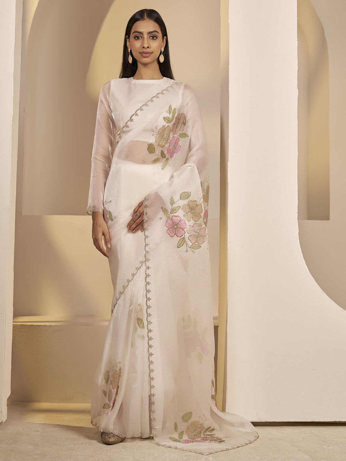 White organza saree view 1
