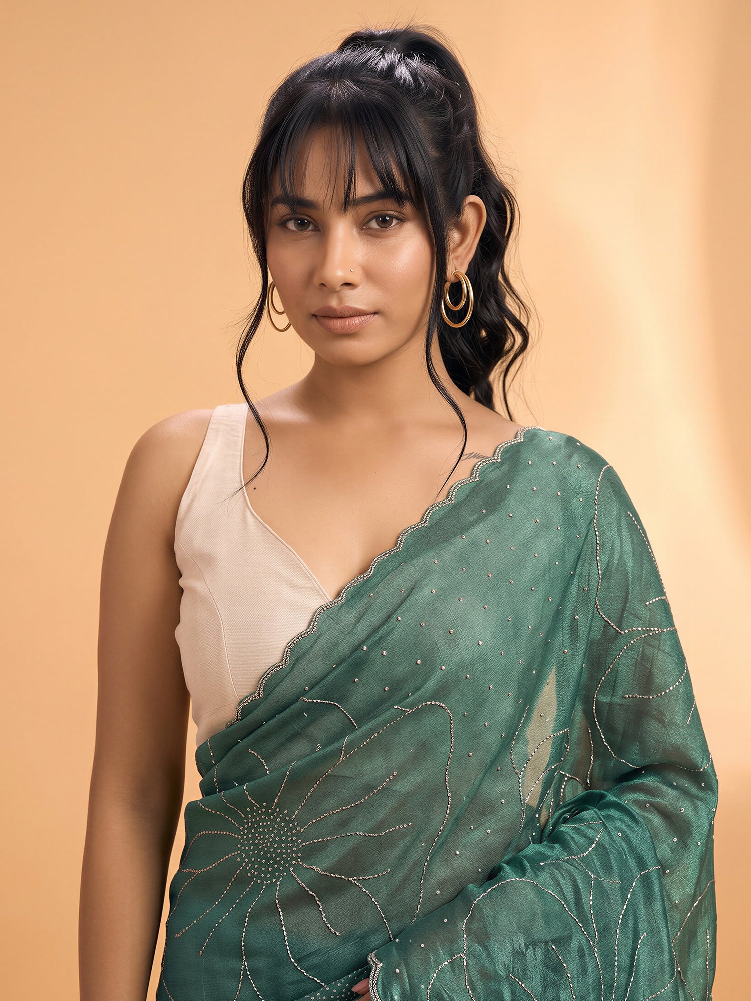 Teal Green Satin Silk saree – detail view 4