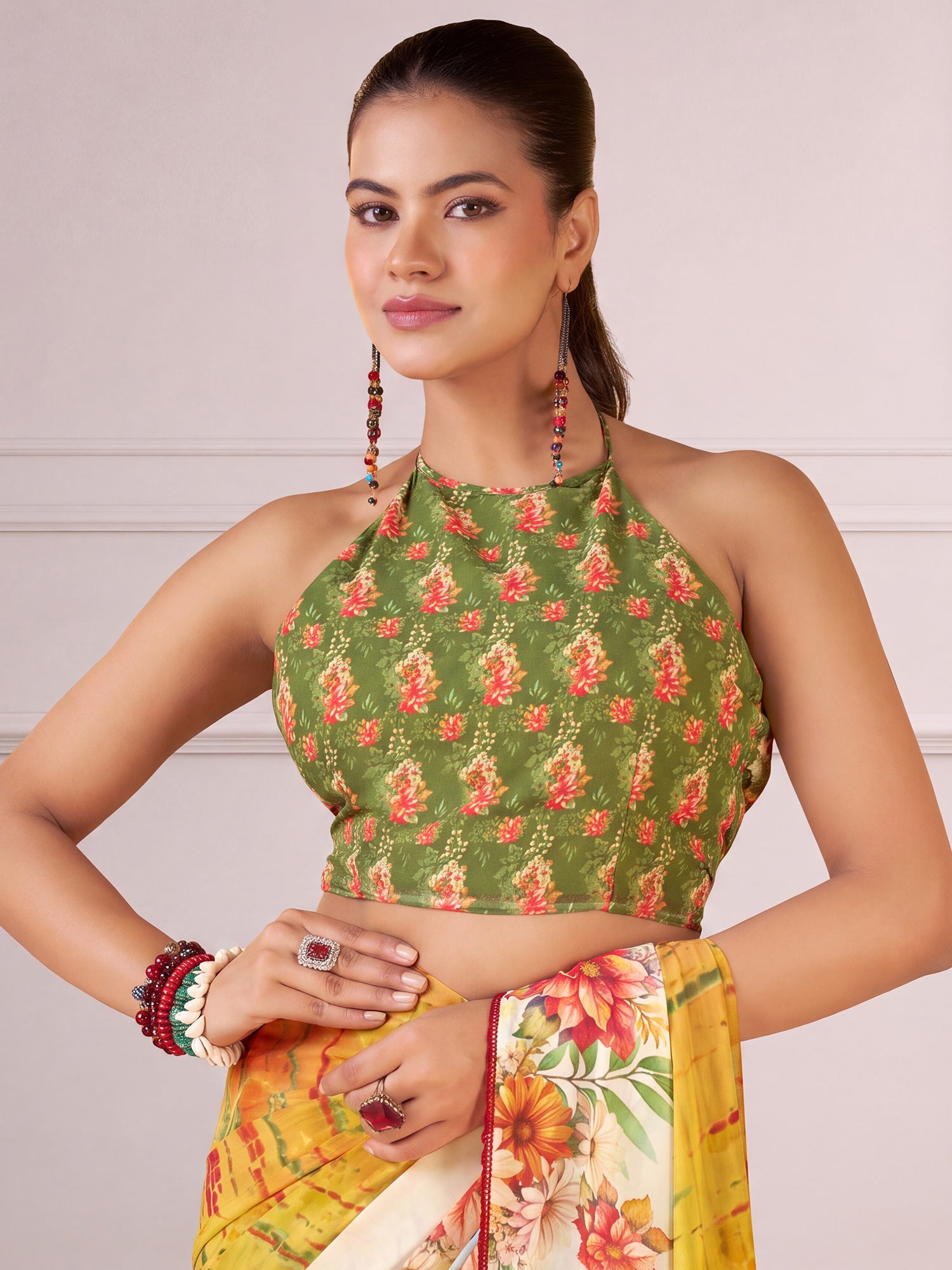 Unstitched green georgette blouse piece with floral design