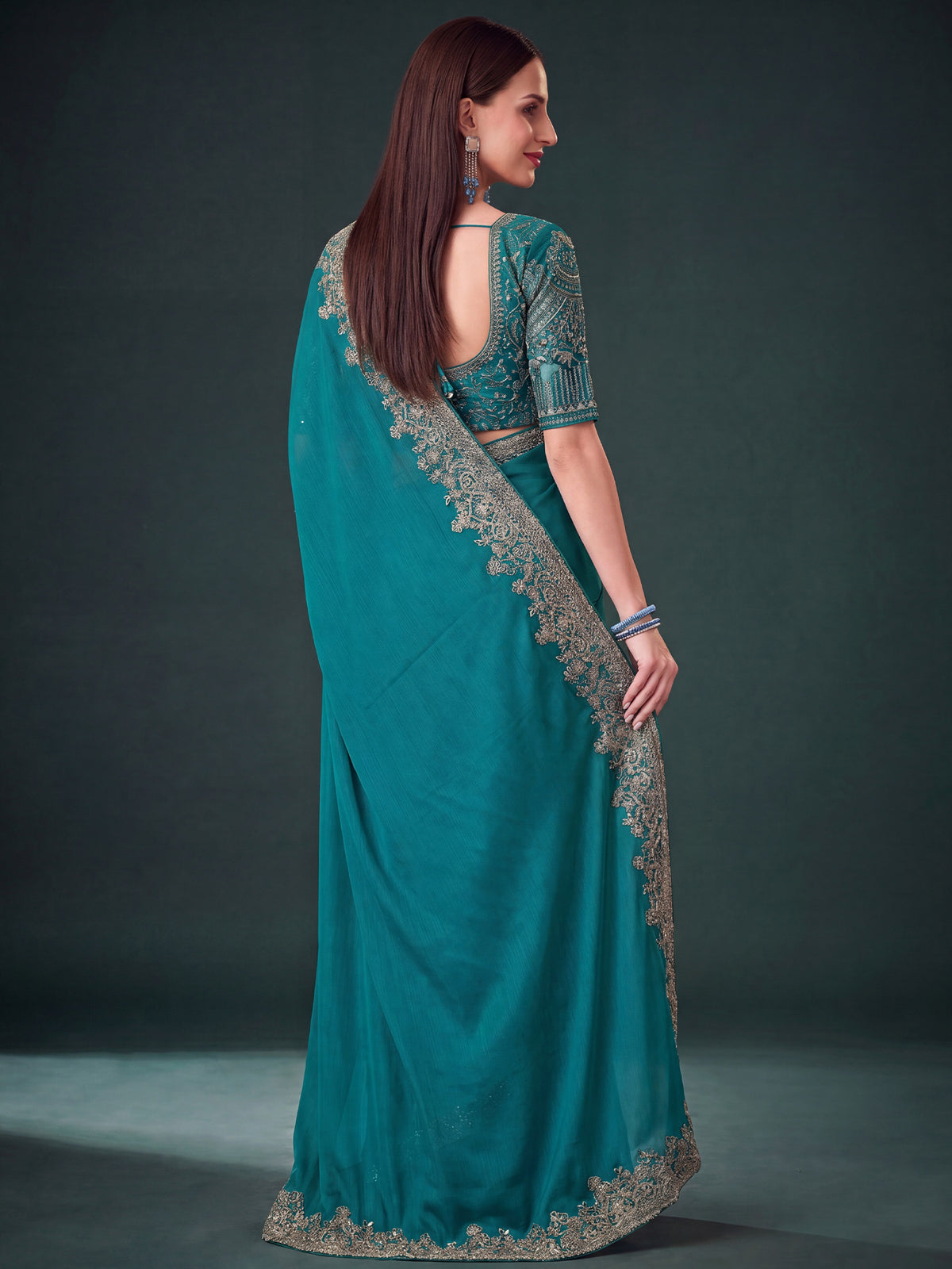 Teal Green Pure Chiffon saree – detail view 1