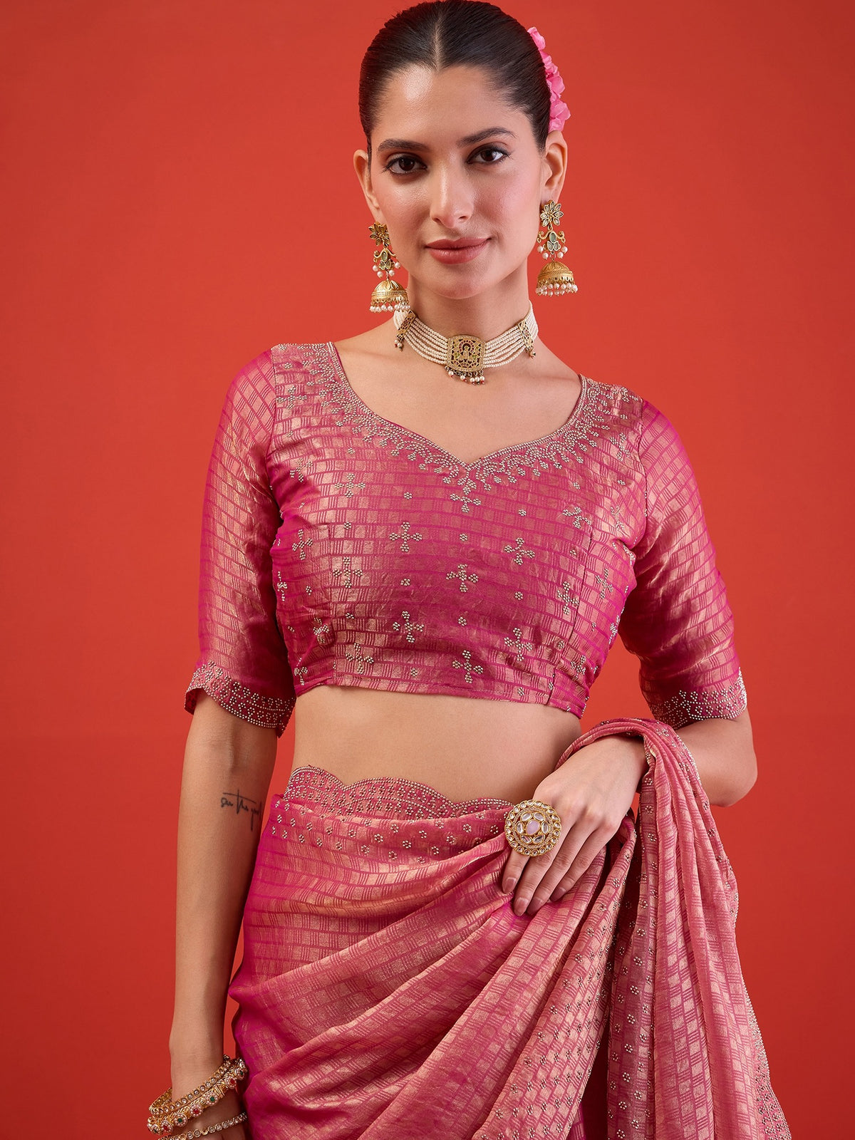 Pink Satin saree – detail view 5