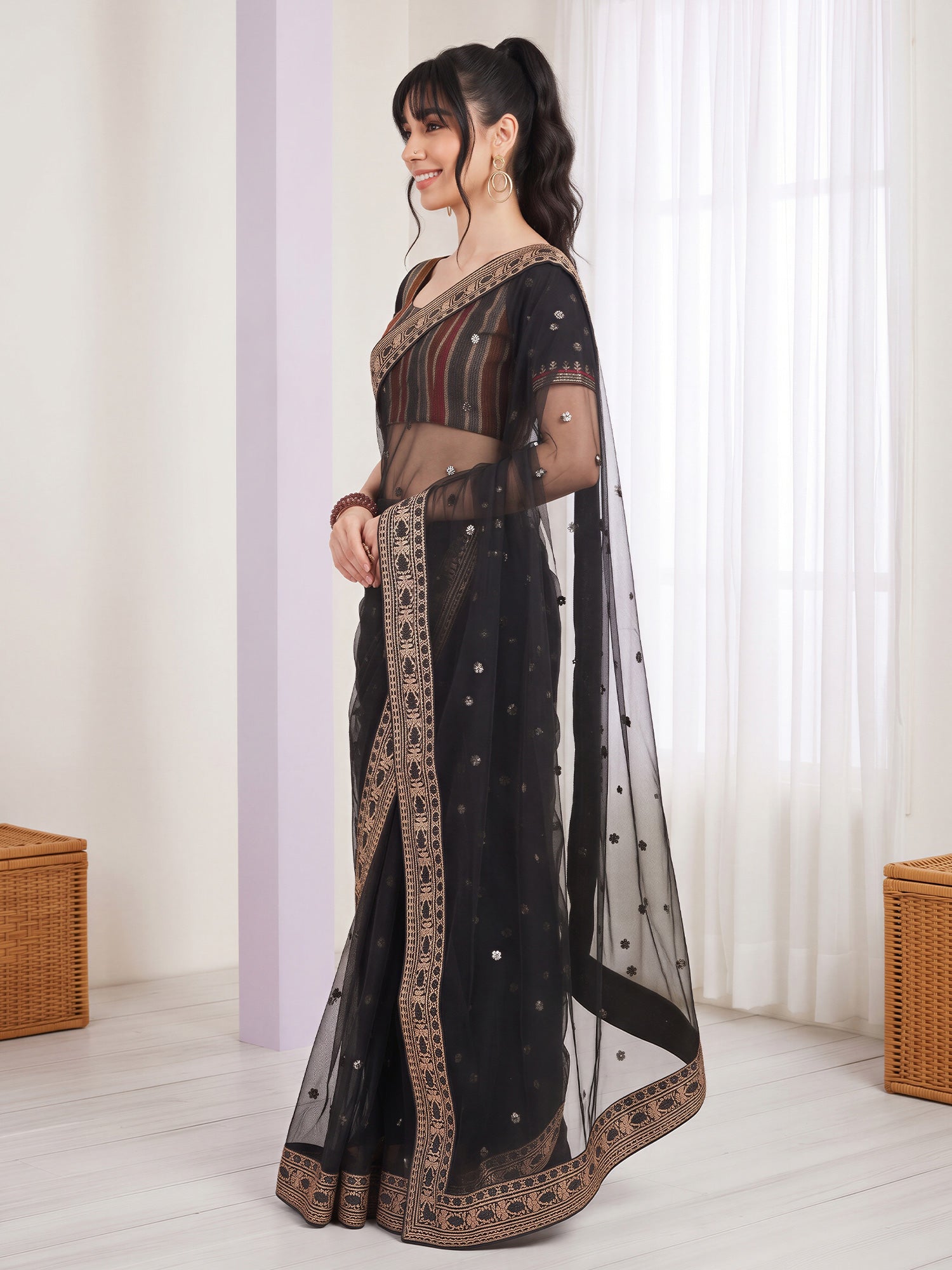 Black Net saree – detail view 2