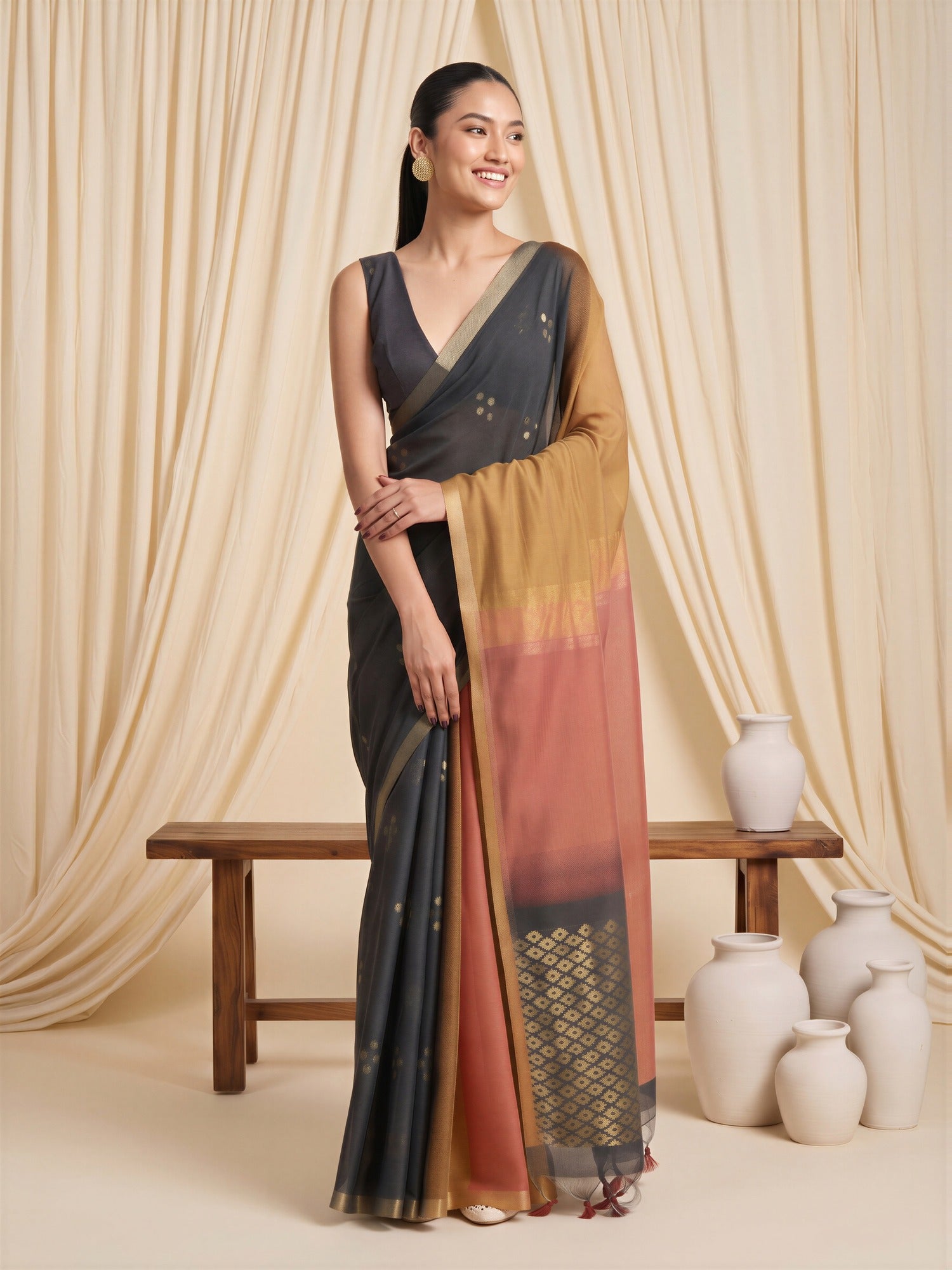 Rust Viscose Silk saree – detail view 2