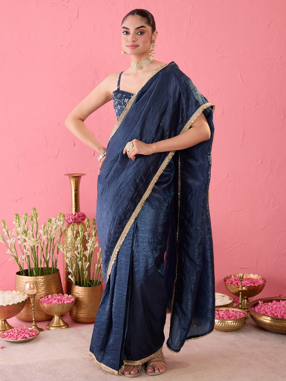 Teal Blue Tissue saree – detail view 2