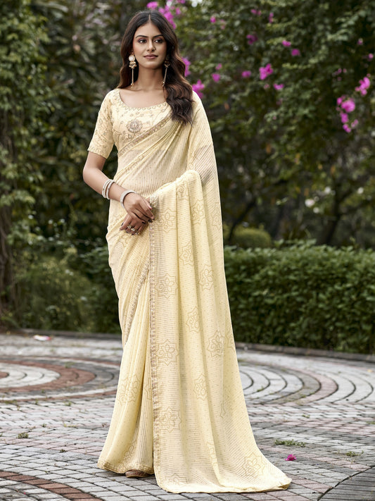 Cream bandhani georgette saree with cream blouse piece