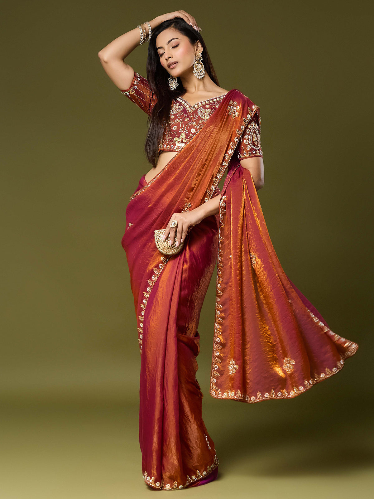 Orange Satin Silk saree – detail view 3