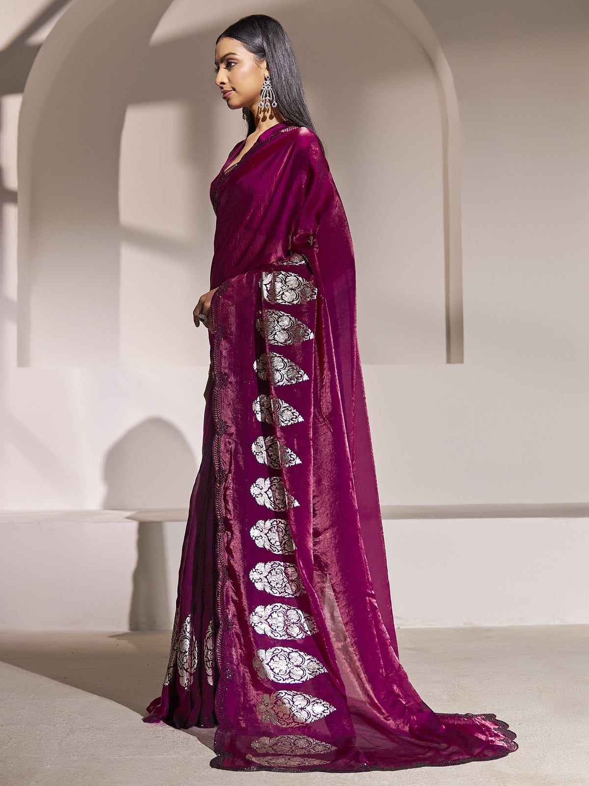 Magenta satin silk saree view 3