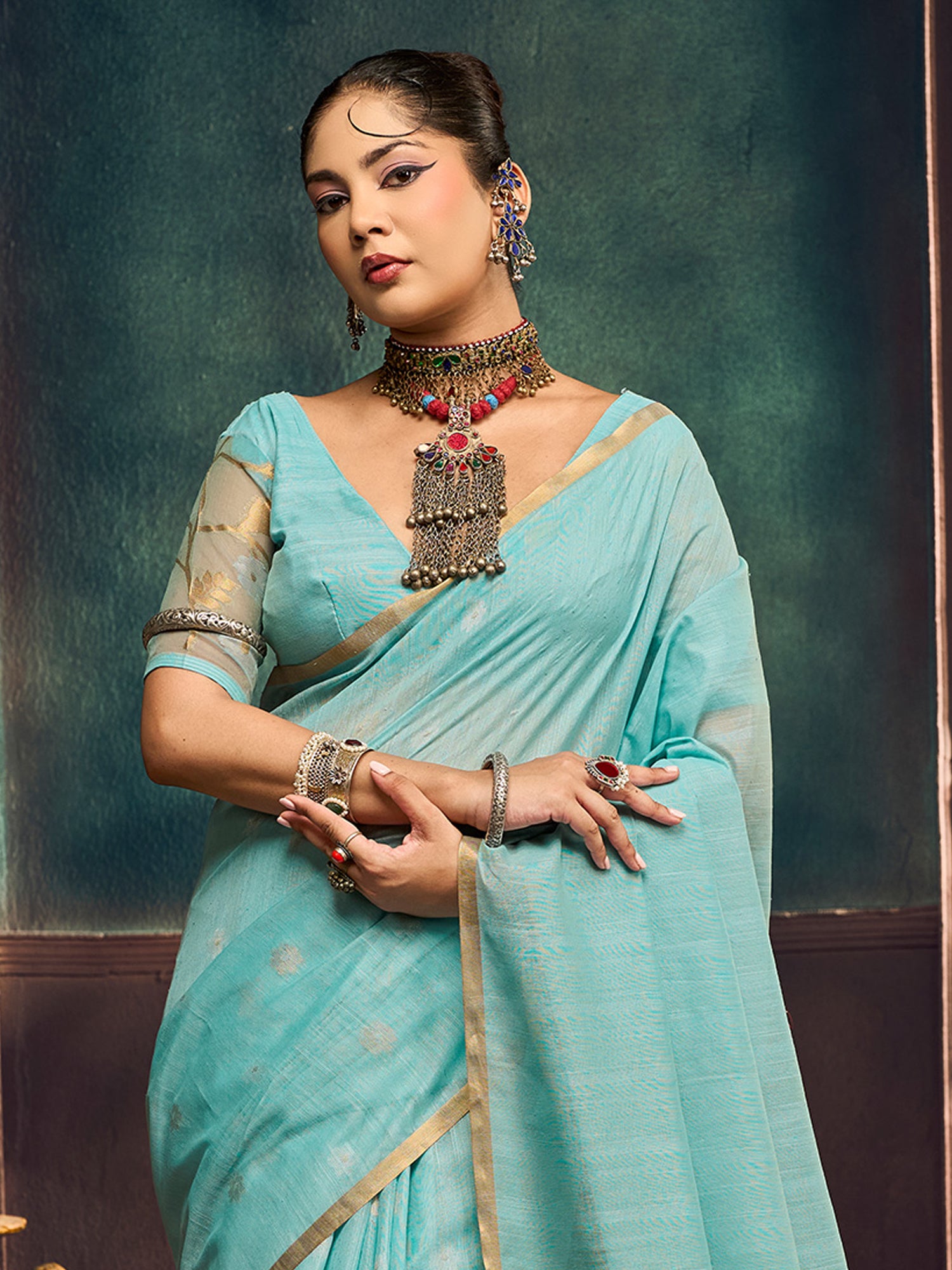 Light Blue Muga Cotton saree – detail view 4