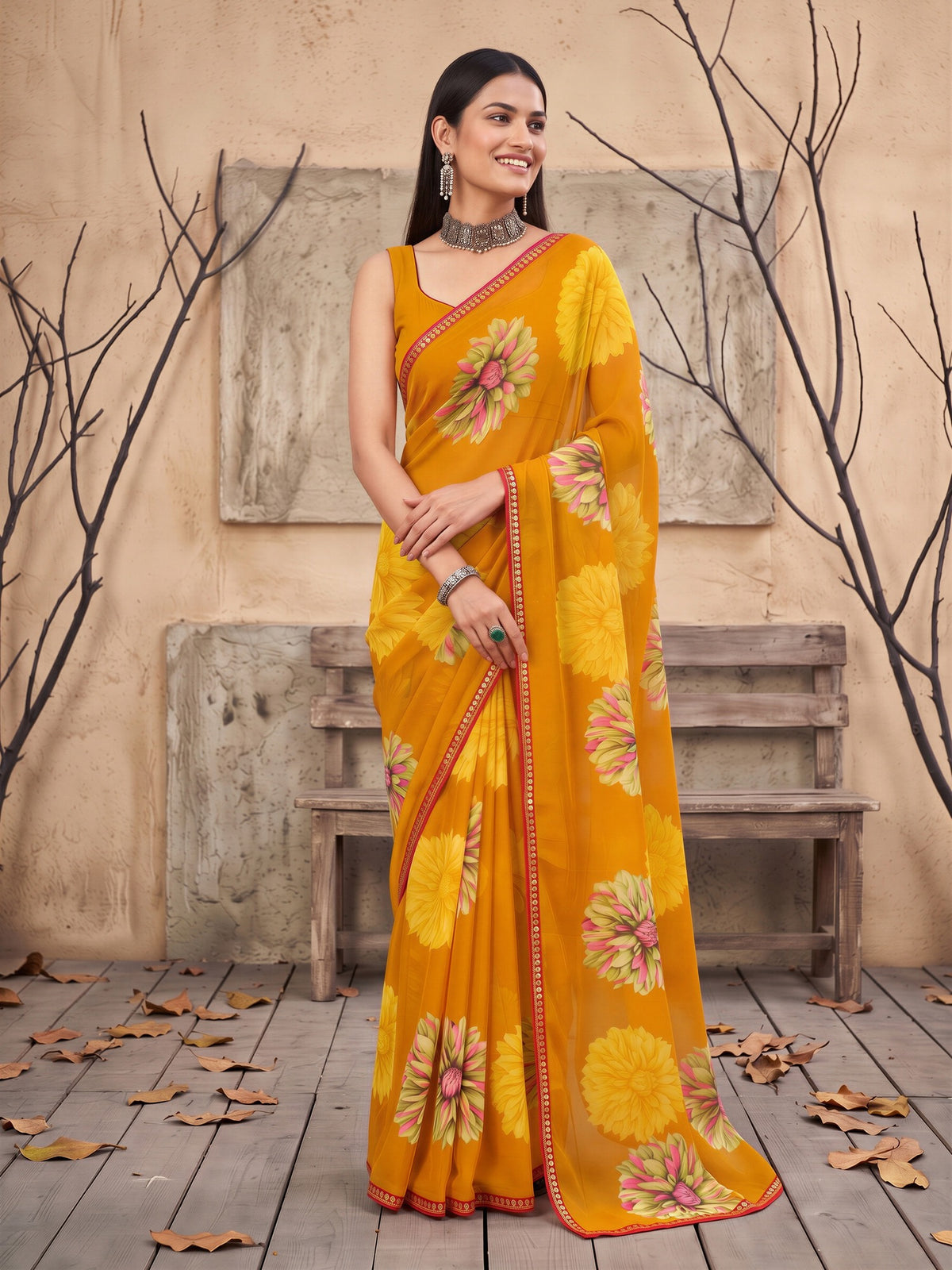 Mustard Georgette saree – detail view 3