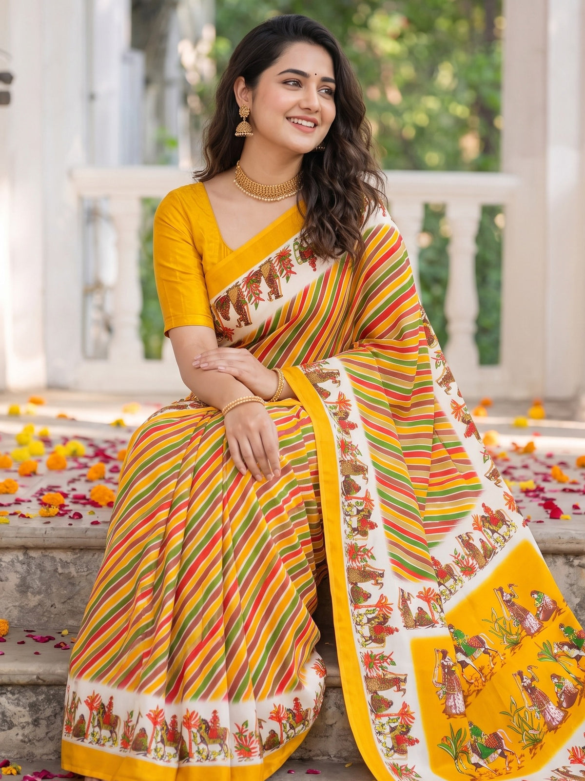 Yellow crepe saree view 1