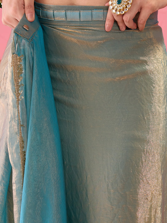Teal Blue Paper Silk saree – detail view 1