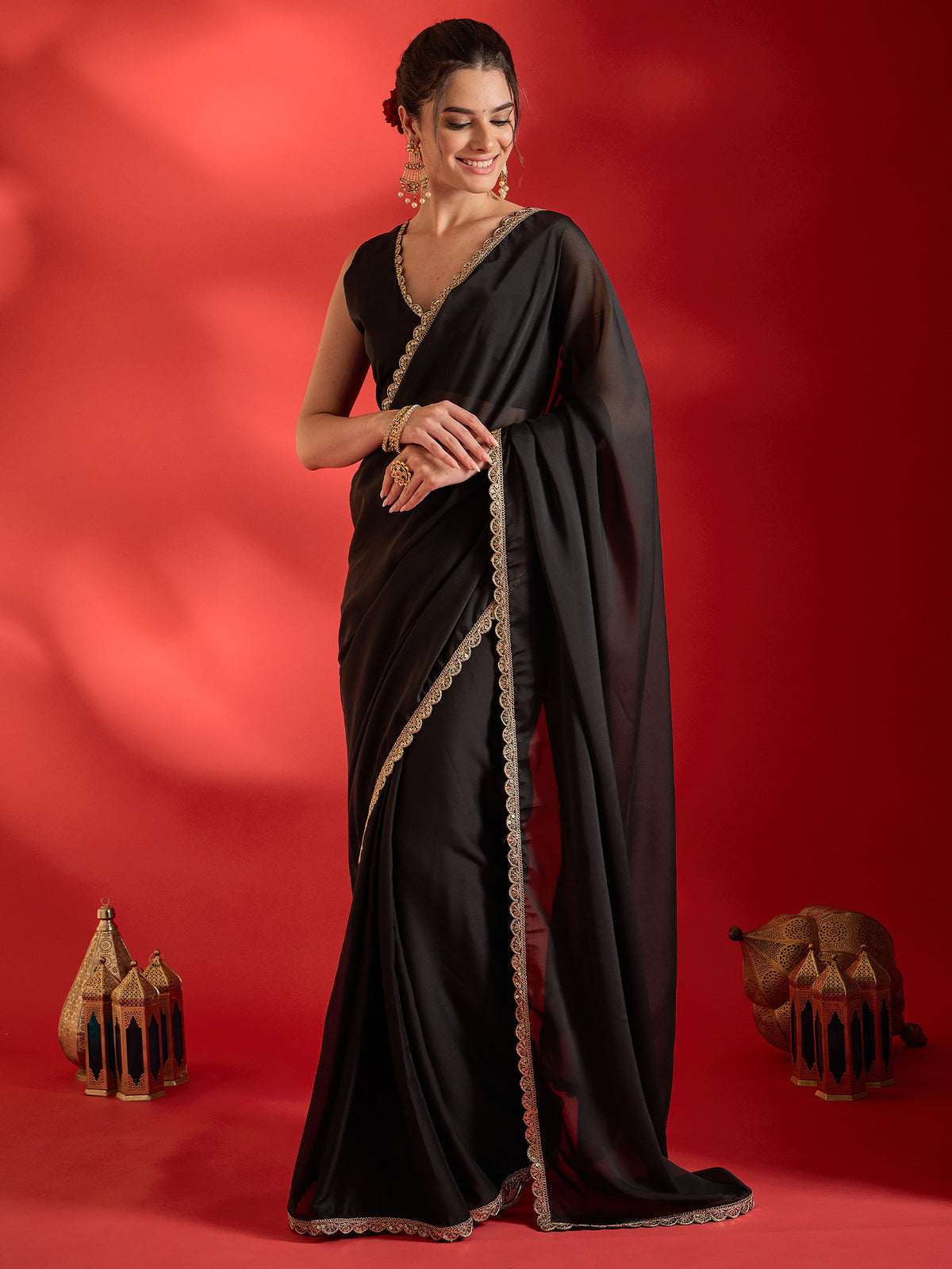 Black Pure Georgette saree – detail view 2