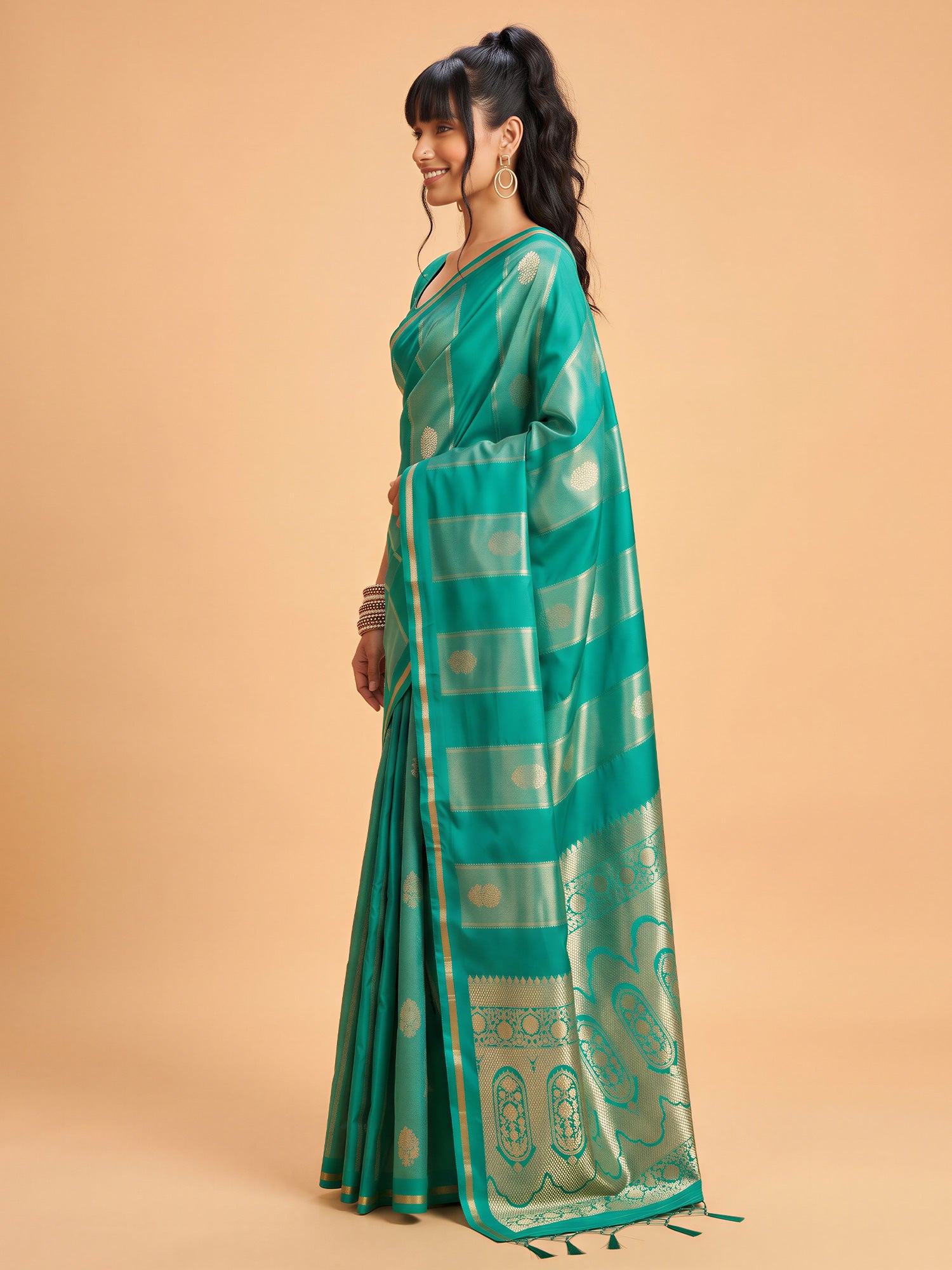 Teal Green Satin saree – detail view 2