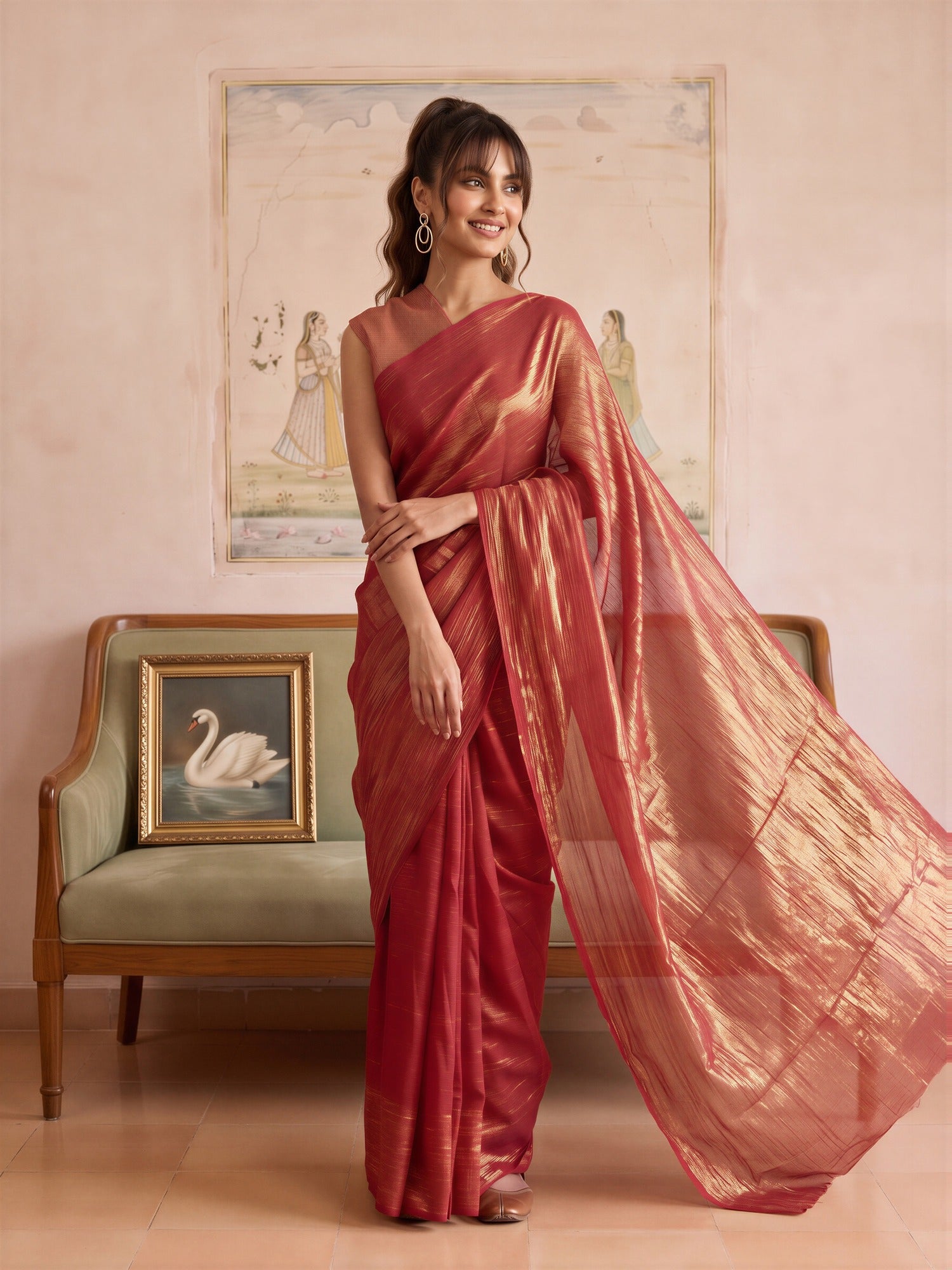 Orange Tissue saree – detail view 3