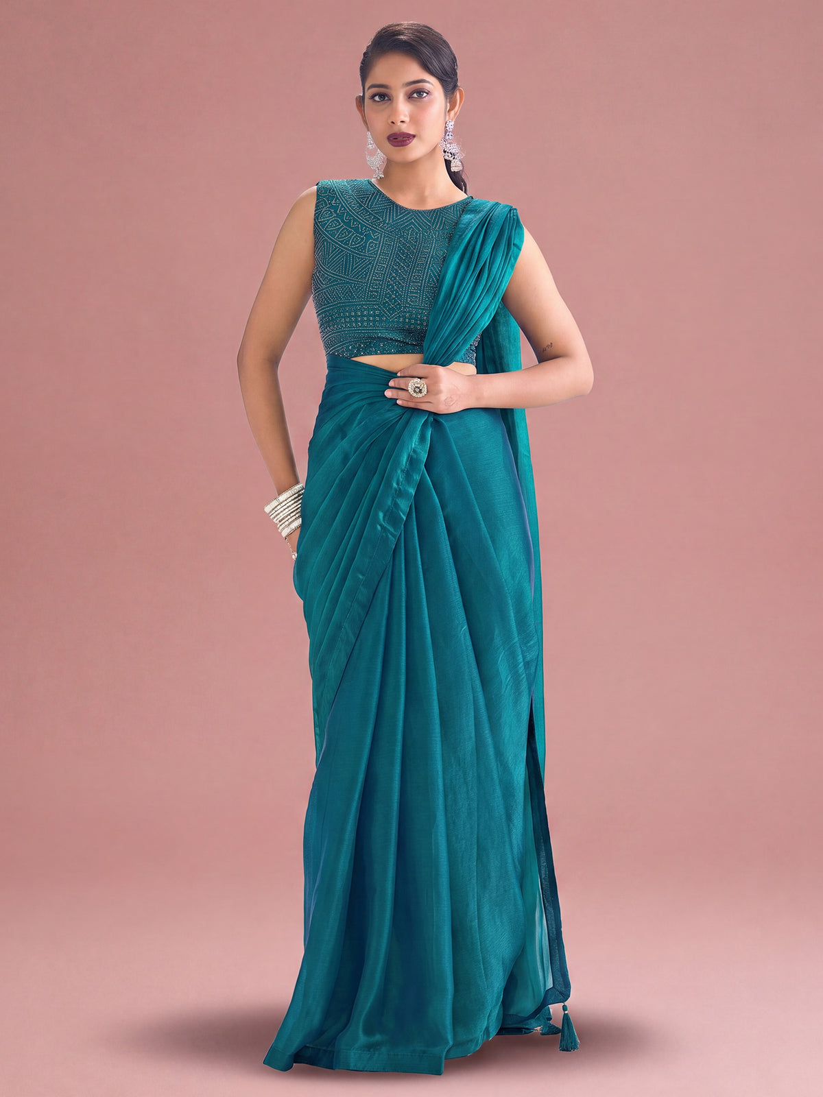 Teal Blue Satin Silk saree – detail view 3