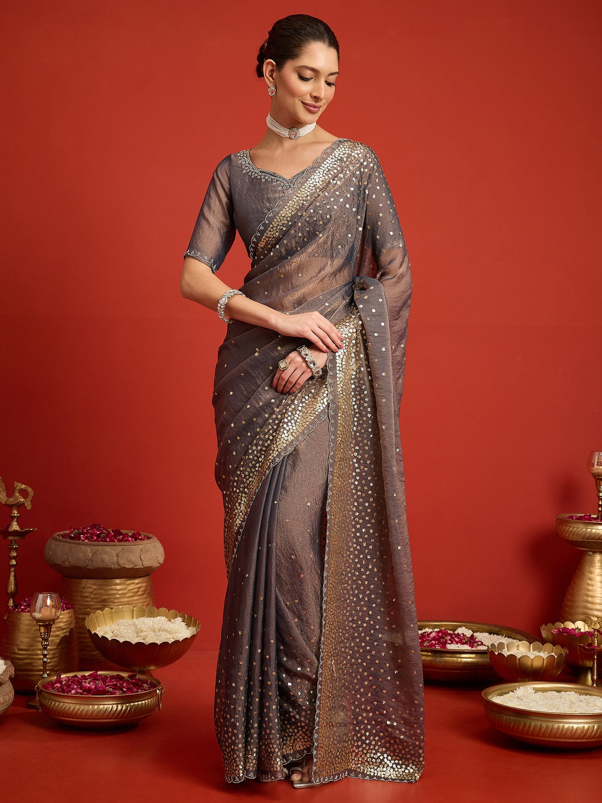 Charcoal Grey Organza saree – detail view 5