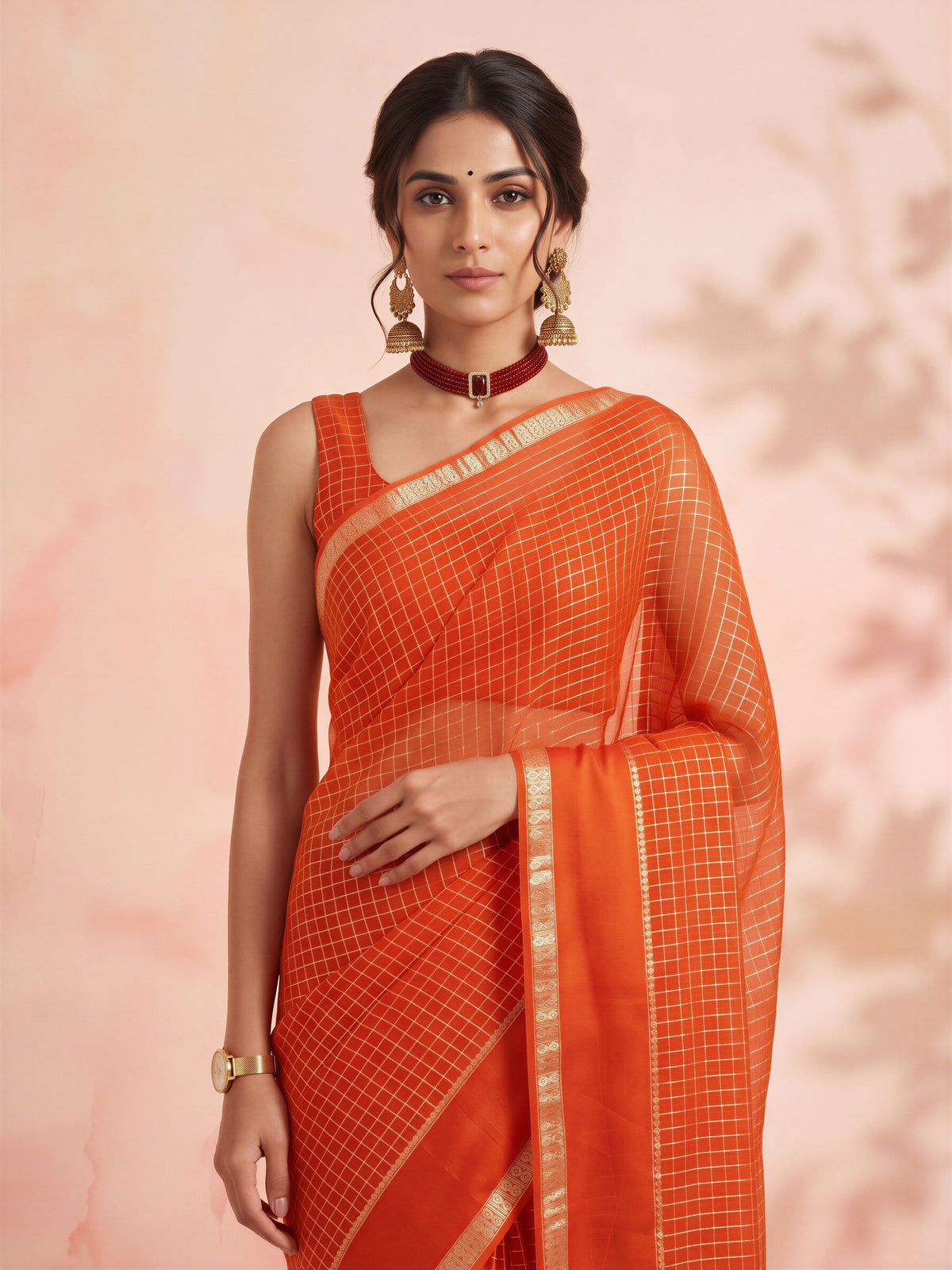 Orange Viscose saree – detail view 4