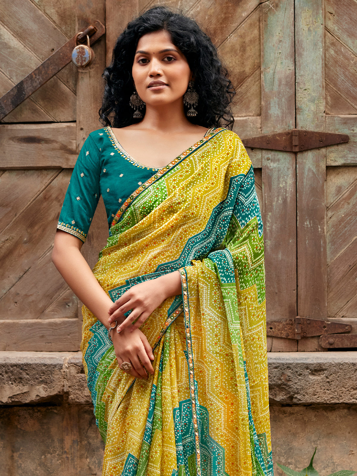 Yellow georgette saree view 2