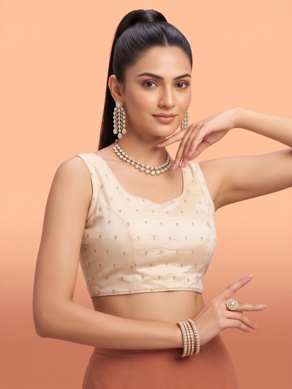 White sequin embellished silk blend sleeveless readymade saree blouse with round neck view 3