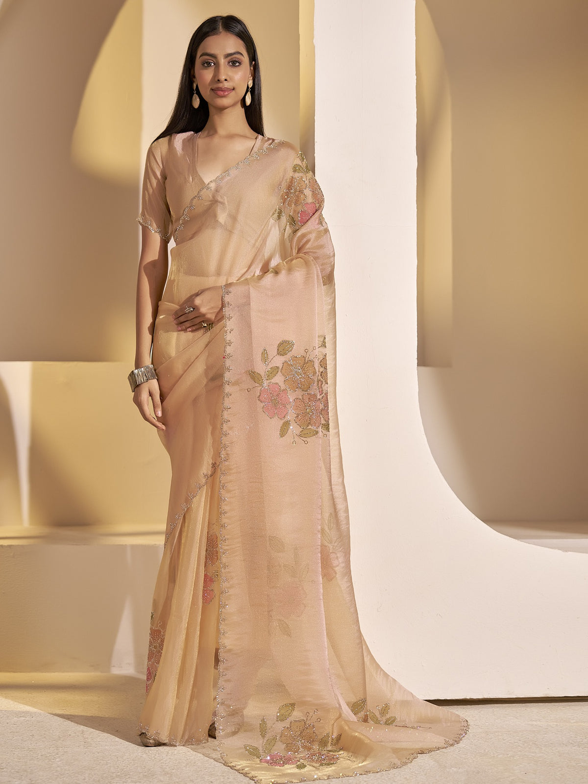 Peach embellished organza saree with peach blouse piece