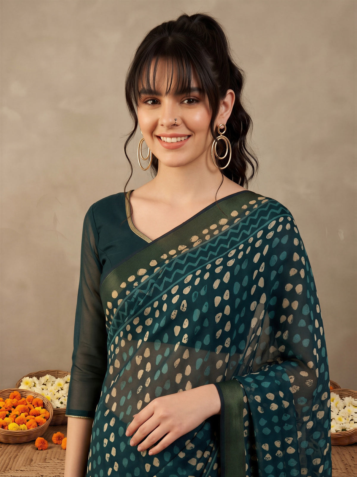 Teal Blue Cotton Linen saree – detail view 4