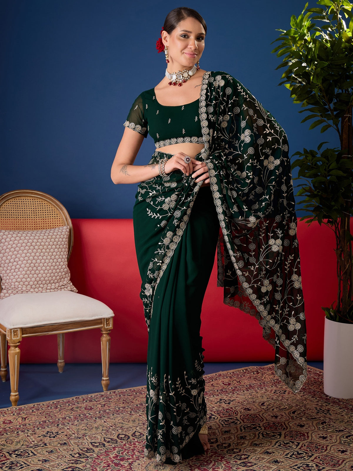 Green Georgette saree – detail view 3