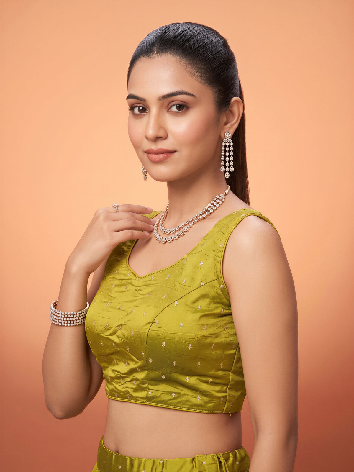 Lime Green sequin embellished silk blend sleeveless readymade saree blouse with round neck view 2