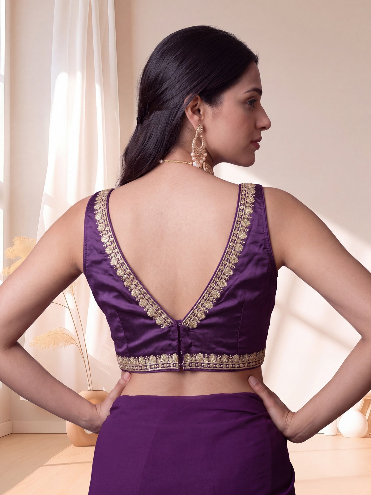 Purple sequin embellished silk blend sleeveless readymade saree blouse with deep v neck view 3