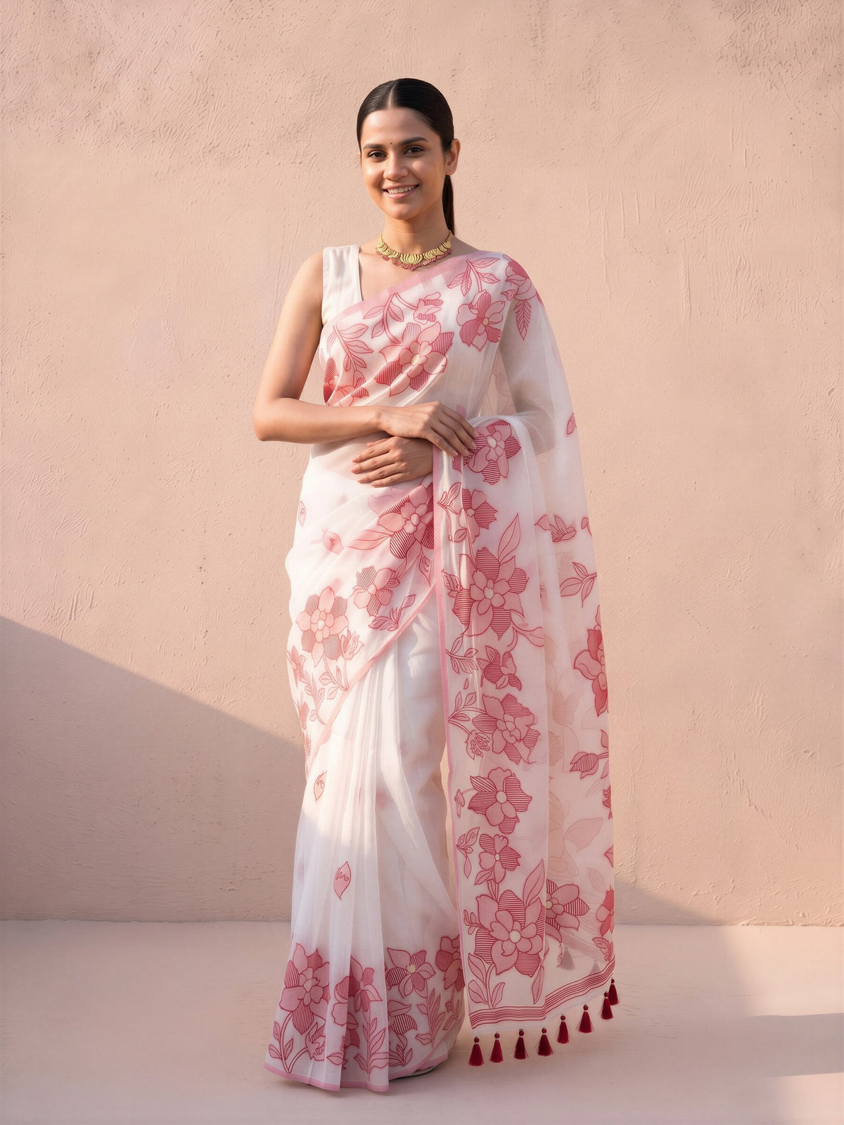 White Cotton Linen saree – detail view 2