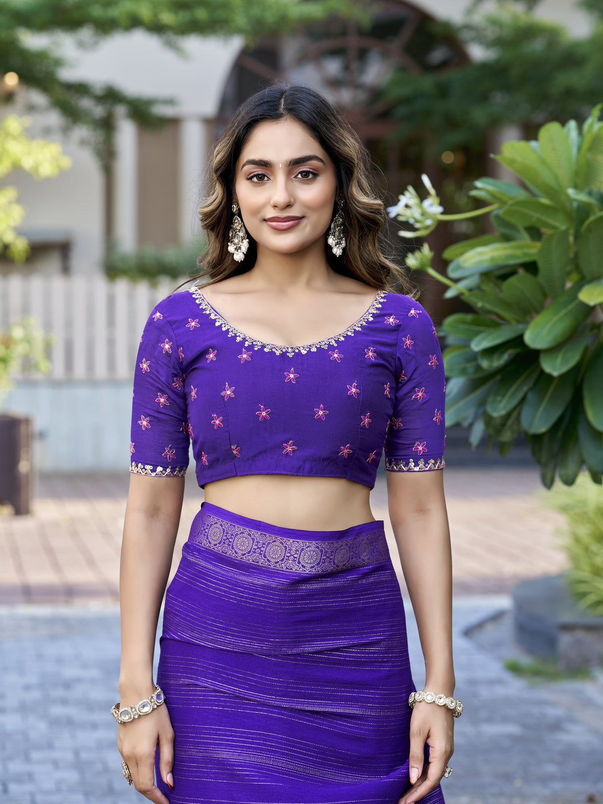 Violet jacquard saree view 2