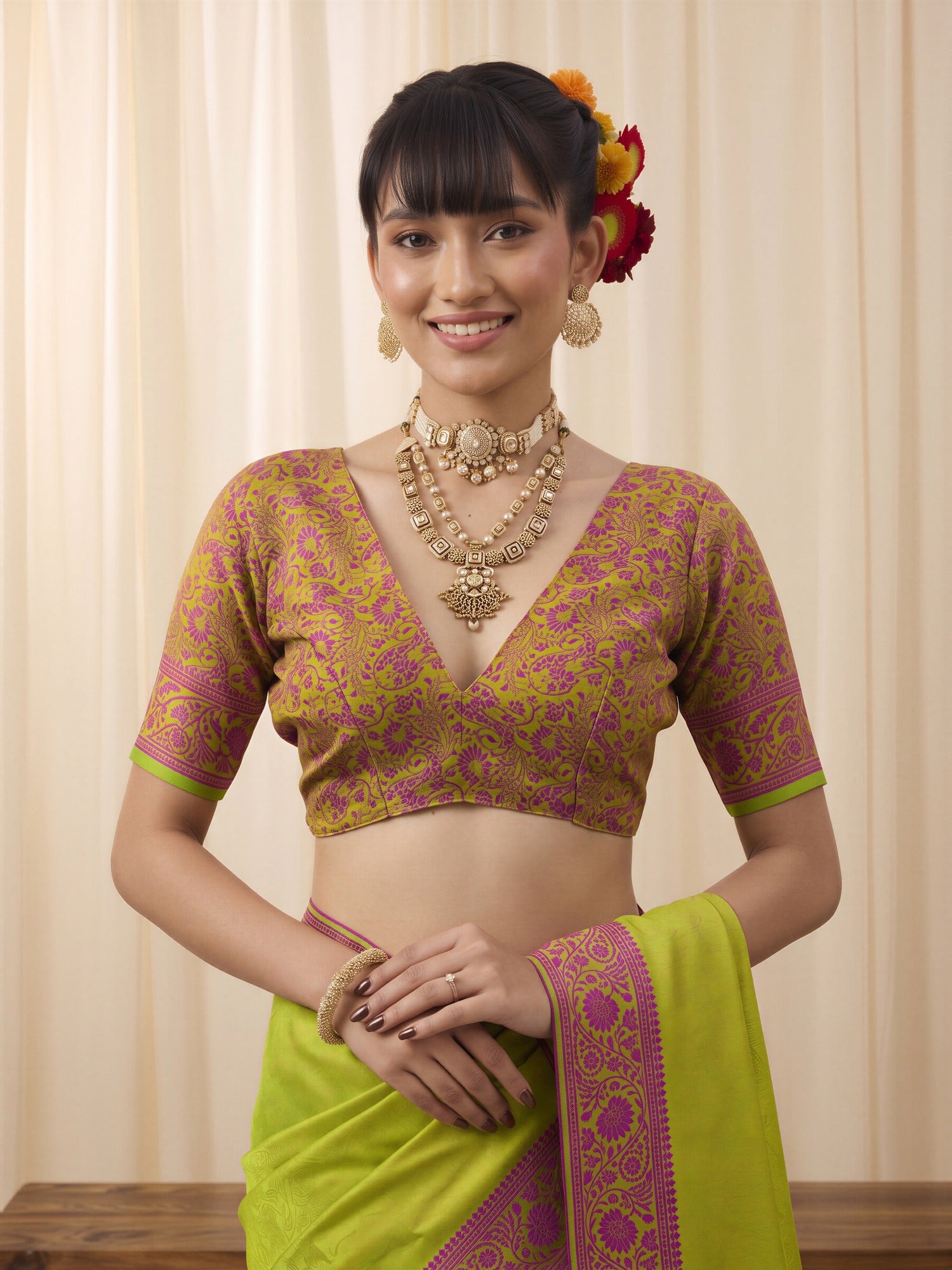 Unstitched lime green silk blend blouse piece with paisley design