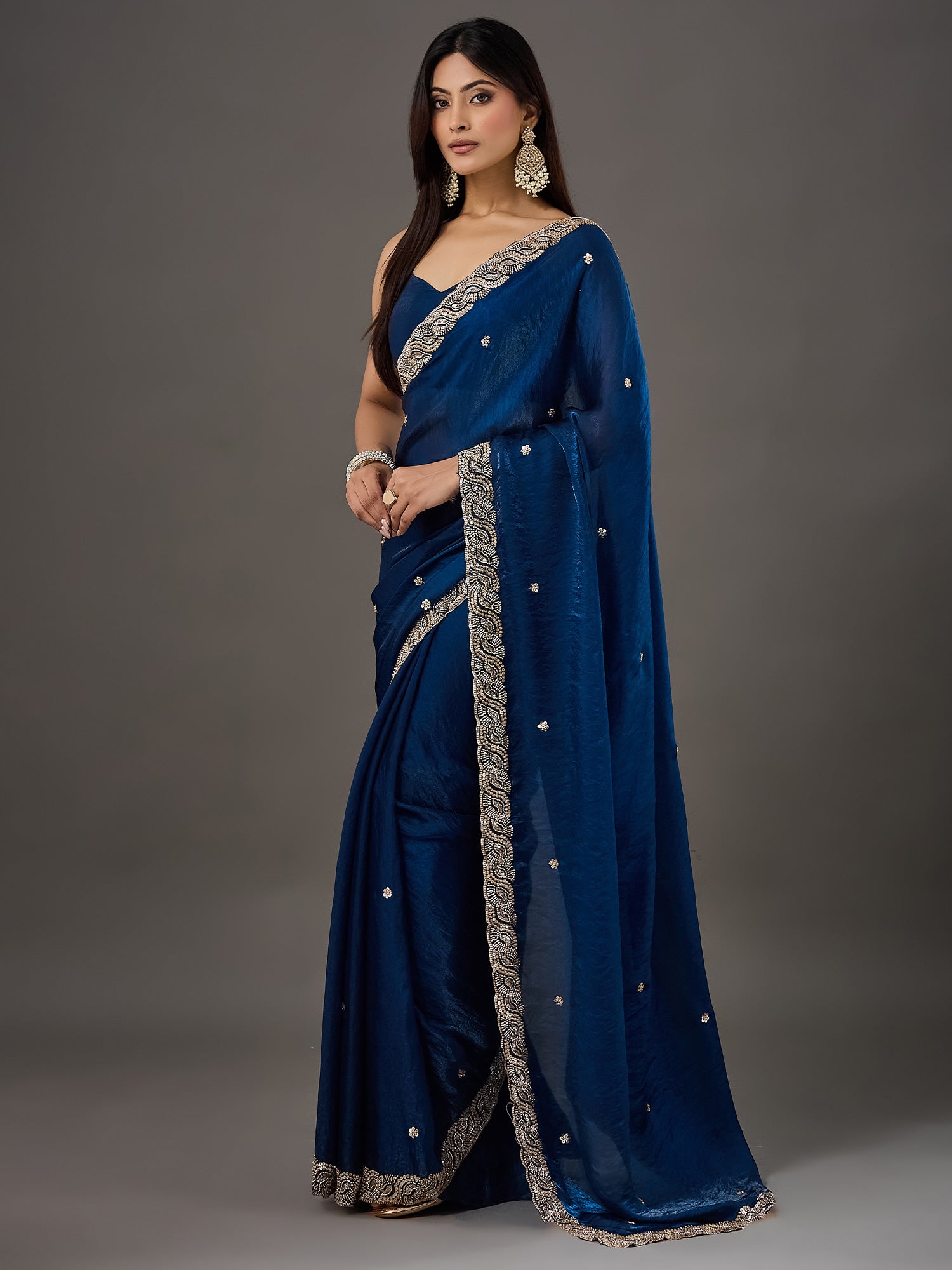 Teal Blue Satin saree – detail view 1
