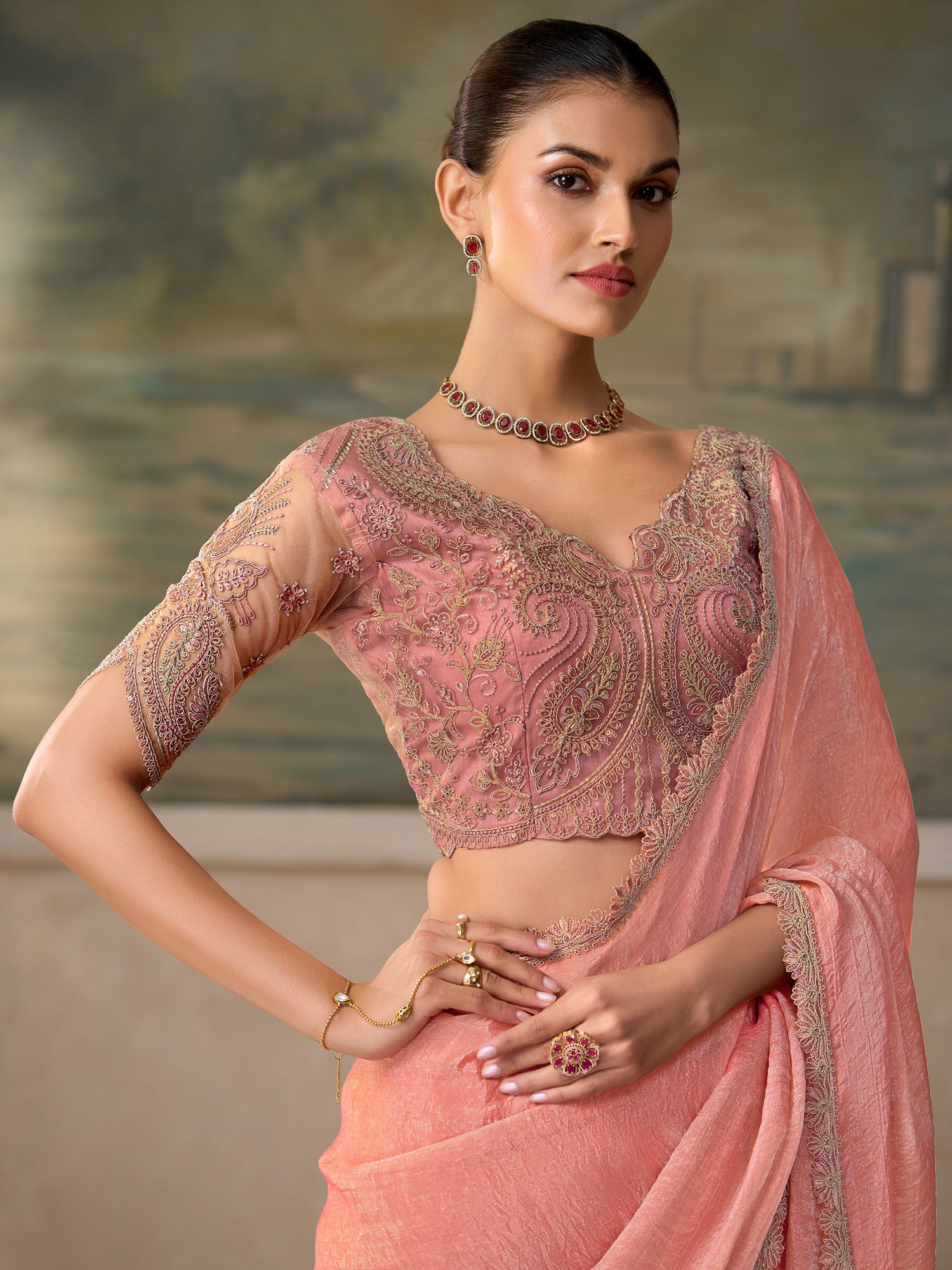 Pink Tissue saree – detail view 1