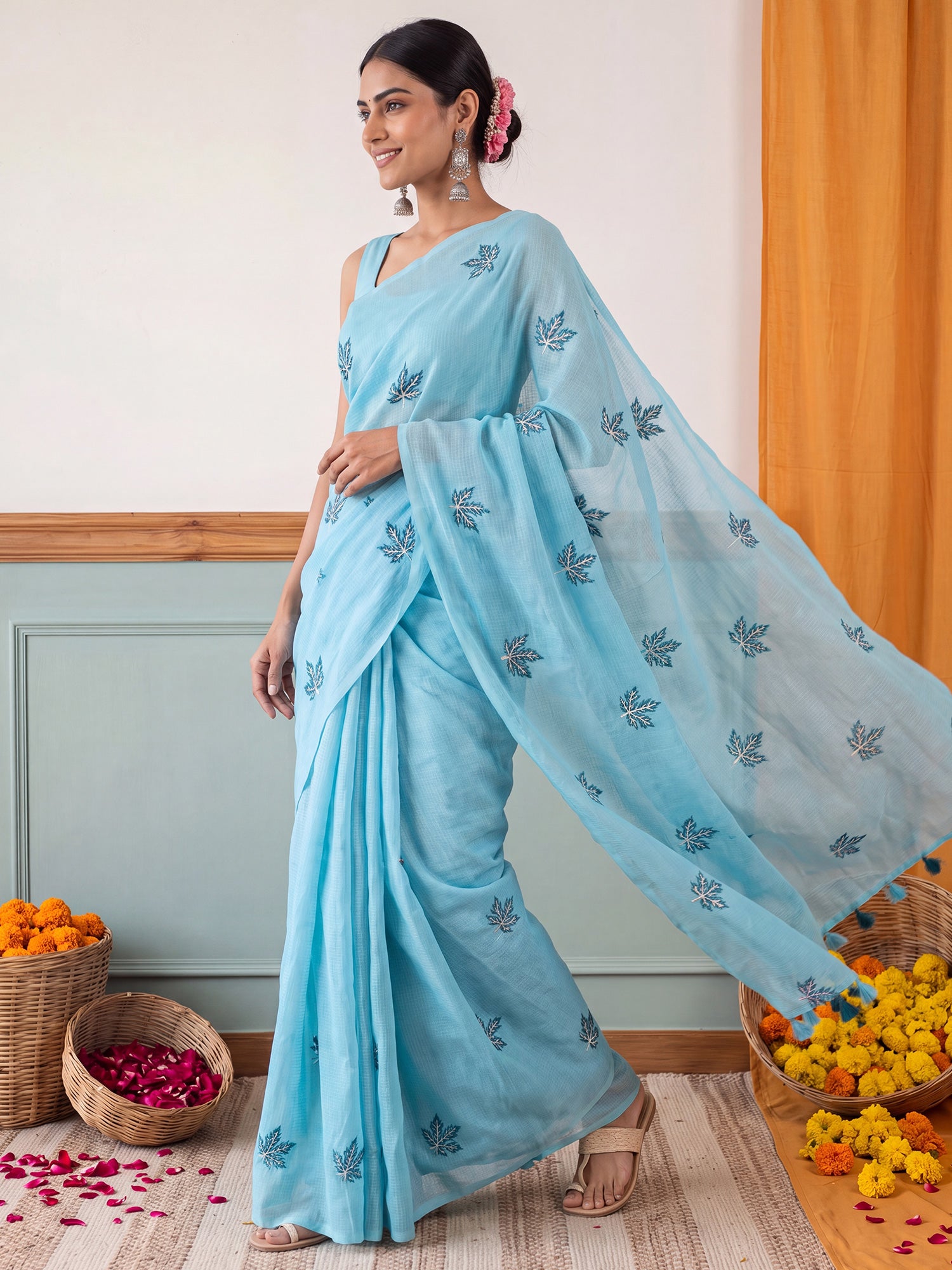 Light Blue Kota Doria Cotton saree – detail view 3