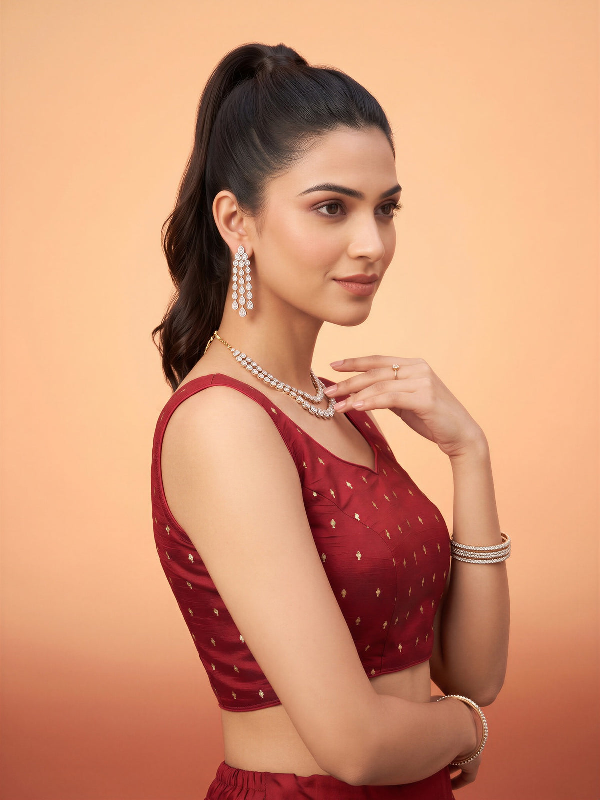 Maroon sequin embellished silk blend sleeveless readymade saree blouse with round neck view 2