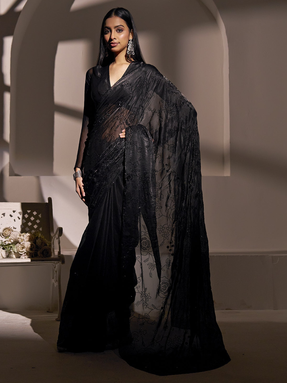 Black satin silk saree view 2