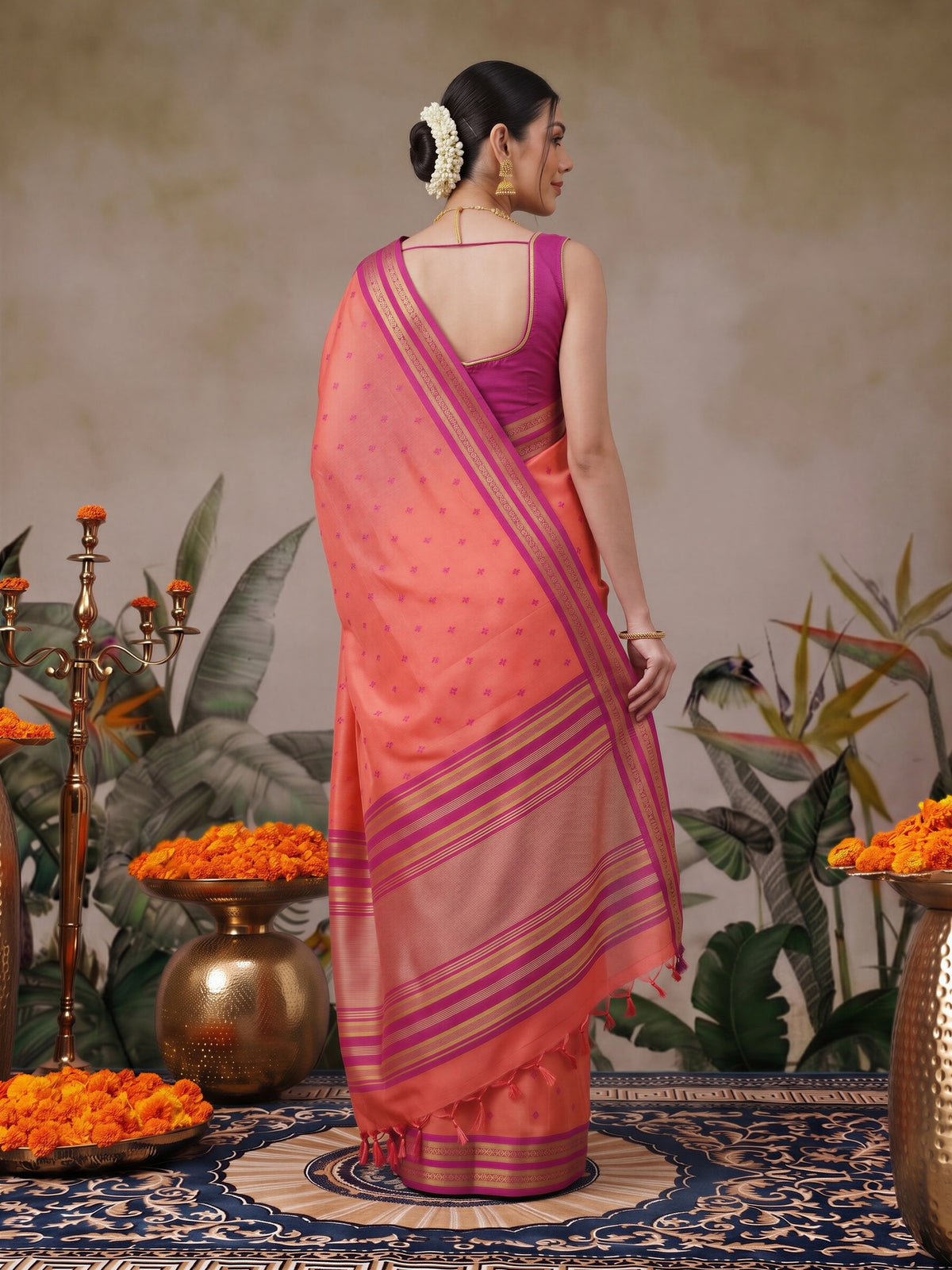 Peach cotton blend saree view 1