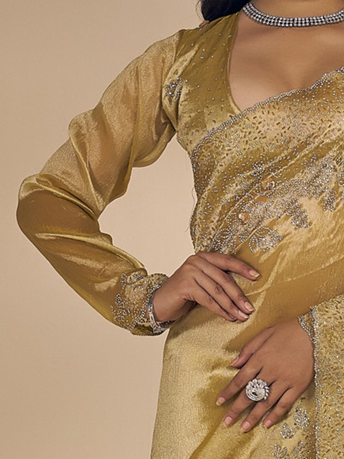 Unstitched yellow organza blouse piece with embellished design
