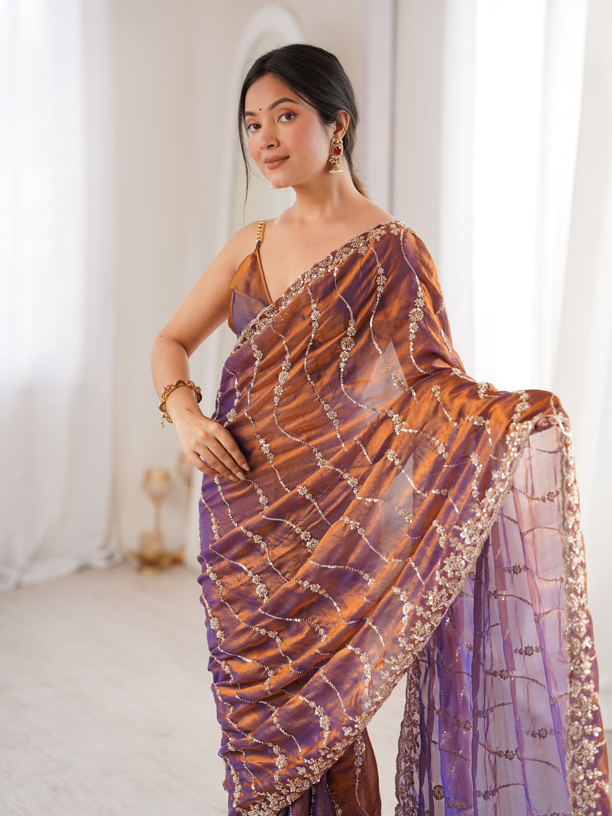 Bronze satin saree view 3