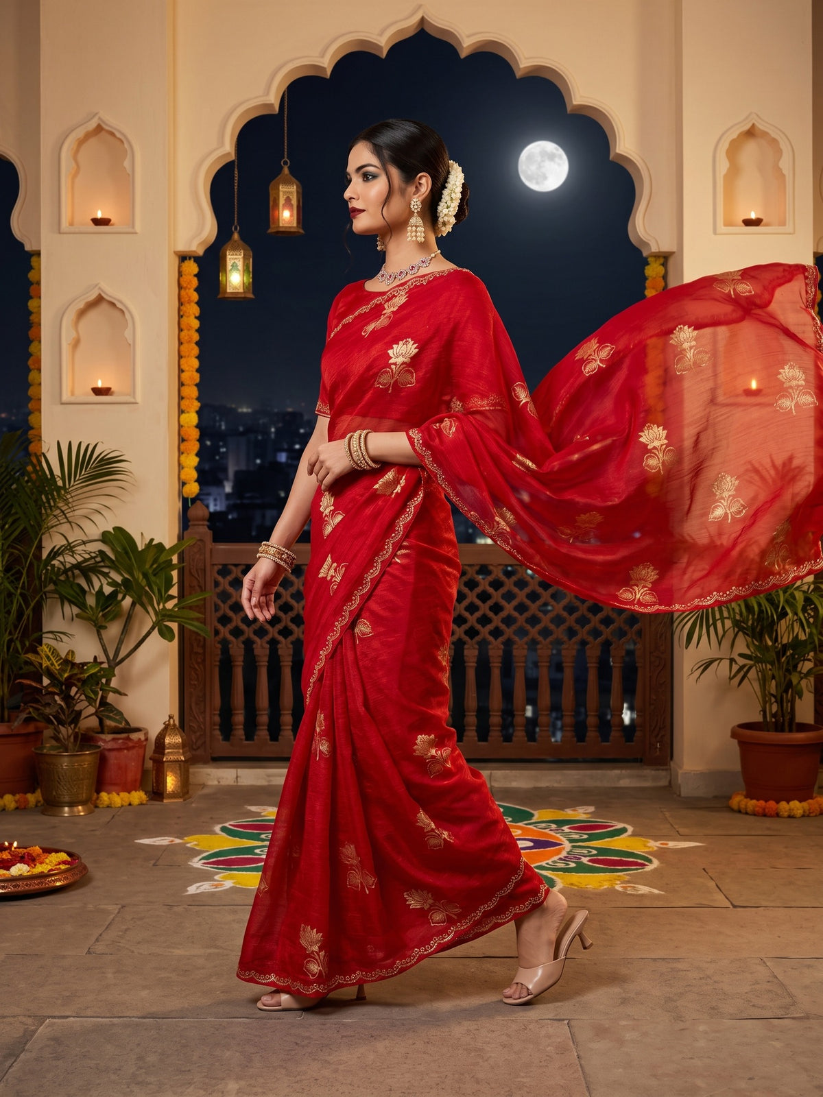 Red Georgette saree – detail view 3
