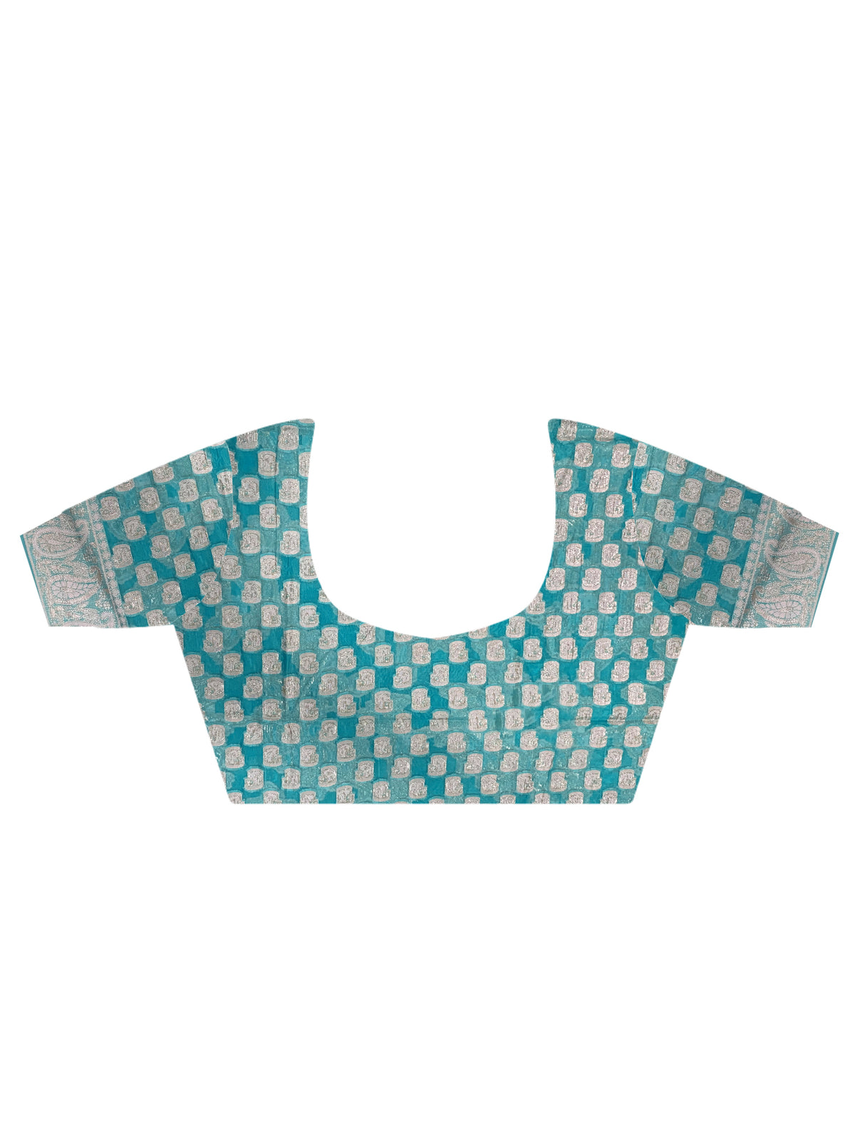 Unstitched light blue organza blouse piece with ethnicmotif design