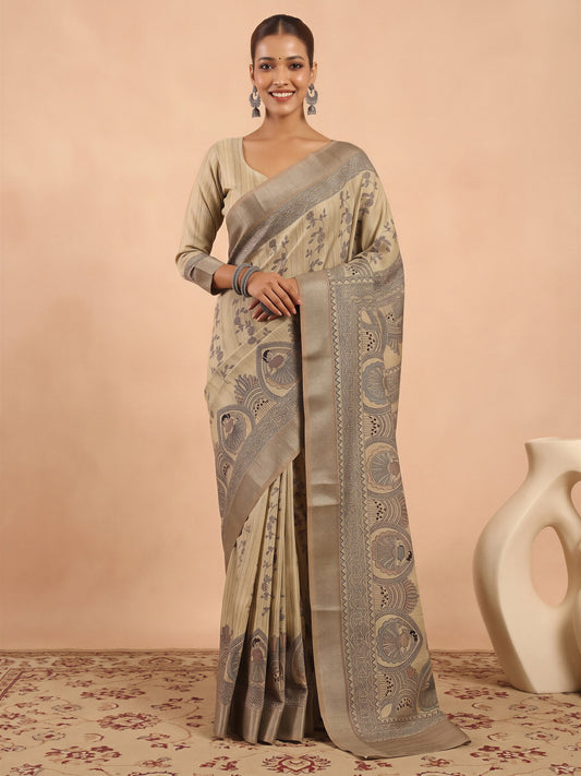 Woman wearing cream satin silk saree with hand block-printed motifs and cream blouse