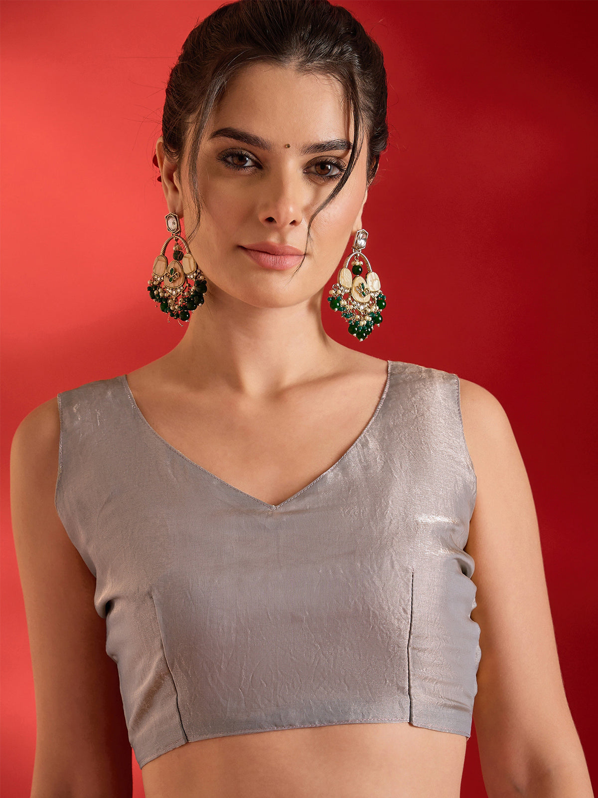 Unstitched beige paper silk blouse piece with solid design